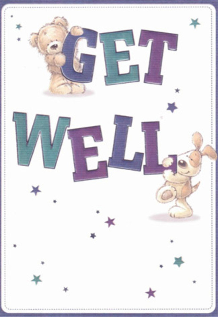 The image captures a charming get well card whose design balances playful fun with a soothing sense of calm, much like a thoughtfully chosen hospital bedside bouquet. At its heart is the bold phrase GET WELL, written in generous, chunky letters that fill the centre of the cream-white card. The words are shaded in jewel-like tones of deep purple, rich indigo, and cool teal, each letter slightly rounded and soft-edged, giving them the friendly look of cut-out paper or hand-painted signage you might see in a cosy East Dulwich café. Resting on top of the word GET is an irresistibly sweet teddy bear with warm brown fur, depicted with gentle, sketchy strokes that suggest plush softness. Its paws dangle over the letters as though leaning down to check on a friend, and its small, curved smile adds quiet reassurance. Below, snuggled against the word WELL, a floppy-eared puppy with pale tan and creamy white fur seems mid-nuzzle, body slightly curved as if helping to steady the letters. Its ears look velvety and its expression open and affectionate, echoing the kind of loyal companionship that can brighten long recovery days at home near Goose Green or around Bellenden Road. Floating around the characters and text, a scattering of starbursts and tiny stars in shades of aqua, blue, and violet create a halo of cheerful energy, like little sparks of get well wishes drifting through the air. There is generous white space throughout, allowing the colours and characters to breathe, giving the overall design a gentle, uplifting lightness. The card feels like a visual hug, radiating care, innocence, and hope for healing.