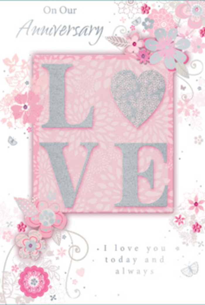 This anniversary card design feels like stepping into a calm, sun-filled room in East Dulwich where love is cherished in everyday gestures. In the centre, the word LOVE is printed in generous capital letters, their surfaces coated in a frosted, glittering finish that appears raised above the card. Imagined under the fingertips, these letters would feel lightly textured and satisfying to trace, echoing the sensation of touching finely embossed stationery or the soft grain of ribbon around a bouquet. Along the edges and corners of the card, wispy, hand-drawn blooms and airy sprays trail gracefully, their petals painted in harmonious shades of pink, lilac, and creamy ivory. The lines are so delicate they mimic the sweeping motions of a florist composing a romantic design in the workshop behind a local East Dulwich shopfront. Between the flowers, fine filigree lines, tiny leaves, and almost-hidden butterflies weave a subtle pattern, suggesting movement and the gentle flutter of hearts, like the quiet excitement before an anniversary dinner at home. Soft shading and occasional glints of silver ink give the artwork depth, making the flowers seem to float above the pastel background. Nestled within or beneath this floral frame, an understated message-such as I love you today and always-is set in a graceful, easily readable script. Its tone is tender but not overly ornate, matching the card's balance of elegance and simplicity. The effect is similar to receiving a hand-tied bouquet from East Dulwich Florist: thoughtful, romantic, and rich with unspoken gratitude for shared years.