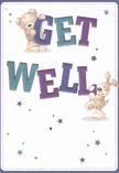 A whimsical illustrated get well card is shown in close detail, its creamy white background acting like a clean sheet of paper ready for kind thoughts. At the centre, chunky, hand-drawn letters spell out GET WELL in deep indigo, purple, and teal, the colours softly shaded as if painted with felt tips. A cuddly teddy bear with soft, golden-brown fur hugs the top of the word GET, paws draped over the letters as though peeking over a windowsill on Lordship Lane. Below, a floppy-eared puppy balances against the bold word WELL, its velvety caramel and cream fur suggested through fine strokes that feel almost touchable, like stroking a neighbour's dog in Dulwich Park. Around them, starbursts and tiny five-pointed stars scatter in shades of turquoise, violet, and blue, echoing little sparks of hope and gentle energy. The characters' round eyes and small smiles convey tender concern and childlike cheer, perfect for someone resting up at home in East Dulwich after feeling unwell. The composition is light and uncluttered, with generous white space that gives a sense of fresh air and calm, much like stepping out to the quiet streets off Goose Green for a breather. Though there are no flowers drawn here, the mood is like a bright get well bouquet arranged with comforting care, every colour chosen to lift the spirits. This card image radiates soft encouragement, playful optimism, and the reassuring feeling of being lovingly thought of while you heal.